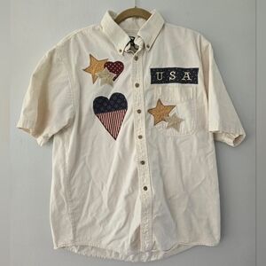 Three Rivers Vintage USA Embroidered July 4TH Button Down Shirt Large Stains